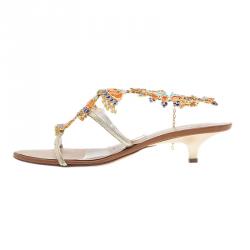 Pre Owned Giuseppe Zanotti Gold Leather Jeweled T-Strap Sandals Size 40