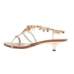 Pre Owned Giuseppe Zanotti Gold Leather Jeweled T-Strap Sandals Size 40