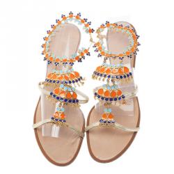 Pre Owned Giuseppe Zanotti Gold Leather Jeweled T-Strap Sandals Size 40