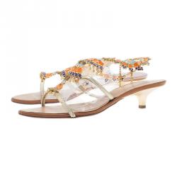 Pre Owned Giuseppe Zanotti Gold Leather Jeweled T-Strap Sandals Size 40