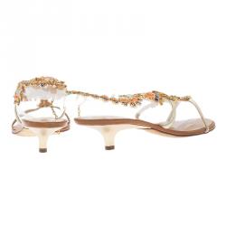 Pre Owned Giuseppe Zanotti Gold Leather Jeweled T-Strap Sandals Size 40