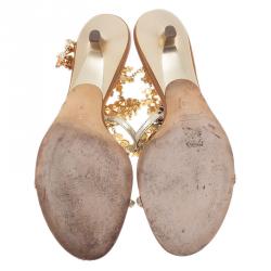 Pre Owned Giuseppe Zanotti Gold Leather Jeweled T-Strap Sandals Size 40