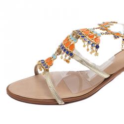 Pre Owned Giuseppe Zanotti Gold Leather Jeweled T-Strap Sandals Size 40