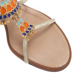 Pre Owned Giuseppe Zanotti Gold Leather Jeweled T-Strap Sandals Size 40