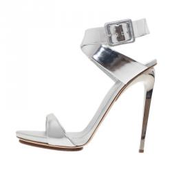 Pre Owned Giuseppe Zanotti Silver Metallic Leather Ankle Strap Sandals Size 41