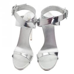 Pre Owned Giuseppe Zanotti Silver Metallic Leather Ankle Strap Sandals Size 41