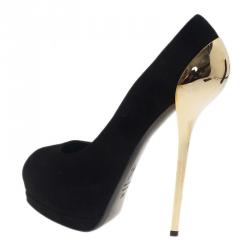 Pre Owned Giuseppe Zanotti Black Suede Metal Heel Peep Toe Platform Pumps Size 39.5