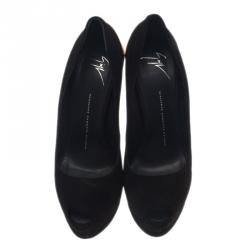 Pre Owned Giuseppe Zanotti Black Suede Metal Heel Peep Toe Platform Pumps Size 39.5