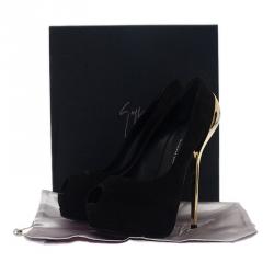 Pre Owned Giuseppe Zanotti Black Suede Metal Heel Peep Toe Platform Pumps Size 39.5