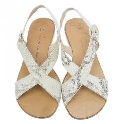 Pre Owned Giuseppe Zanotti Cream Python Embossed Flat Sandals Size 37.5