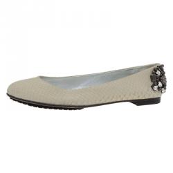 Pre Owned Giuseppe Zanotti Cream Python Embossed Jewel Embellished Leather Ballet Flats Size 41
