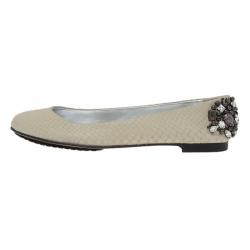Pre Owned Giuseppe Zanotti Cream Python Embossed Jewel Embellished Leather Ballet Flats Size 41