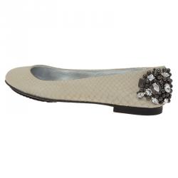 Pre Owned Giuseppe Zanotti Cream Python Embossed Jewel Embellished Leather Ballet Flats Size 41