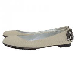 Pre Owned Giuseppe Zanotti Cream Python Embossed Jewel Embellished Leather Ballet Flats Size 41