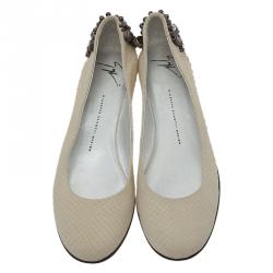 Pre Owned Giuseppe Zanotti Cream Python Embossed Jewel Embellished Leather Ballet Flats Size 41