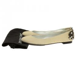 Pre Owned Giuseppe Zanotti Cream Python Embossed Jewel Embellished Leather Ballet Flats Size 41