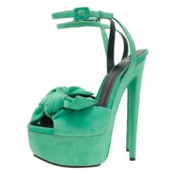 Pre Owned Giuseppe Zanotti Green Suede Bow Ankle Strap Platform Sandals Size 40 