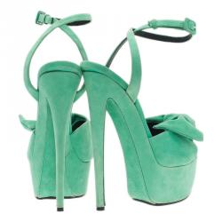 Pre Owned Giuseppe Zanotti Green Suede Bow Ankle Strap Platform Sandals Size 40 