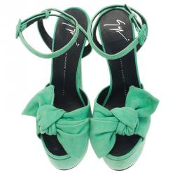 Pre Owned Giuseppe Zanotti Green Suede Bow Ankle Strap Platform Sandals Size 40 