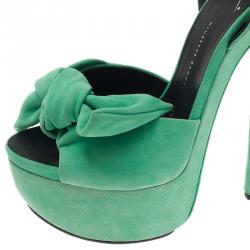 Pre Owned Giuseppe Zanotti Green Suede Bow Ankle Strap Platform Sandals Size 40 
