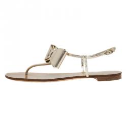 Pre Owned Giuseppe Zanotti Metallic Gold Leather Bow Thong Sandals Size 39