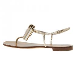 Pre Owned Giuseppe Zanotti Metallic Gold Leather Bow Thong Sandals Size 39