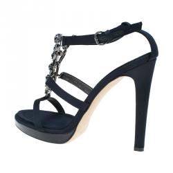 Pre Owned Giuseppe Zanotti Black Jeweled Satin Ankle Strap Sandals Size 40.5 