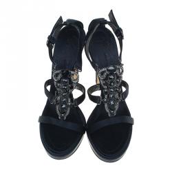 Pre Owned Giuseppe Zanotti Black Jeweled Satin Ankle Strap Sandals Size 40.5 