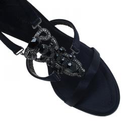 Pre Owned Giuseppe Zanotti Black Jeweled Satin Ankle Strap Sandals Size 40.5 
