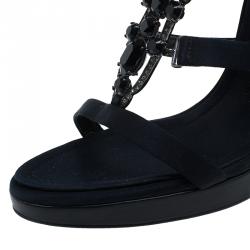 Pre Owned Giuseppe Zanotti Black Jeweled Satin Ankle Strap Sandals Size 40.5 