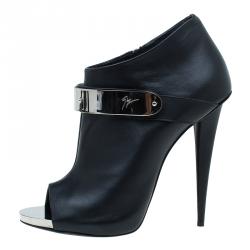 Pre Owned Giuseppe Zanotti Black Leather Plated Peep Toe Ankle Boots Size 41