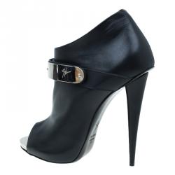 Pre Owned Giuseppe Zanotti Black Leather Plated Peep Toe Ankle Boots Size 41