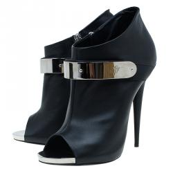 Pre Owned Giuseppe Zanotti Black Leather Plated Peep Toe Ankle Boots Size 41