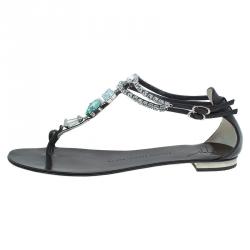 Pre Owned Giuseppe Zanotti Brown Jeweled Leather Toe Ring Sandals Size 39.5