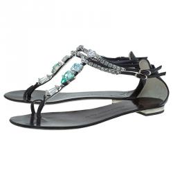 Pre Owned Giuseppe Zanotti Brown Jeweled Leather Toe Ring Sandals Size 39.5