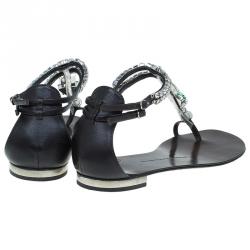 Pre Owned Giuseppe Zanotti Brown Jeweled Leather Toe Ring Sandals Size 39.5