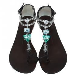 Pre Owned Giuseppe Zanotti Brown Jeweled Leather Toe Ring Sandals Size 39.5