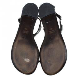 Pre Owned Giuseppe Zanotti Brown Jeweled Leather Toe Ring Sandals Size 39.5