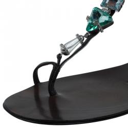 Pre Owned Giuseppe Zanotti Brown Jeweled Leather Toe Ring Sandals Size 39.5