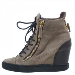 Pre Owned Giuseppe Zanotti Tan Suede Wedge Zip Sneakers Size 37