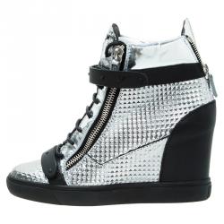 Pre Owned Giuseppe Zanotti Silver Diamond Embossed Leather London High-top Sneakers Size 41