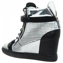 Pre Owned Giuseppe Zanotti Silver Diamond Embossed Leather London High-top Sneakers Size 41
