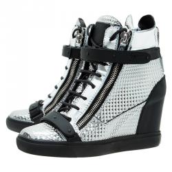 Pre Owned Giuseppe Zanotti Silver Diamond Embossed Leather London High-top Sneakers Size 41