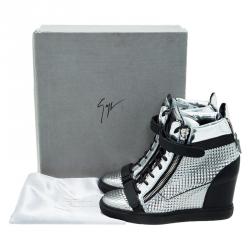 Pre Owned Giuseppe Zanotti Silver Diamond Embossed Leather London High-top Sneakers Size 41
