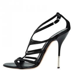 Pre Owned Giuseppe Zanotti Black Crystal Studded Suede Strappy Sandals Size 38