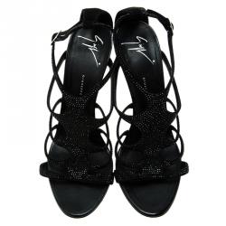 Pre Owned Giuseppe Zanotti Black Crystal Studded Suede Strappy Sandals Size 38