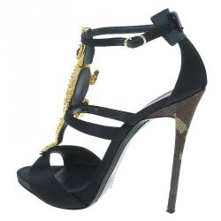 Pre Owned Giuseppe Zanotti Black Satin and Leather Alligator Embellished Sandals Size 38.5