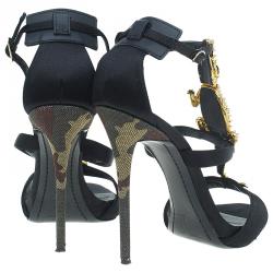 Pre Owned Giuseppe Zanotti Black Satin and Leather Alligator Embellished Sandals Size 38.5