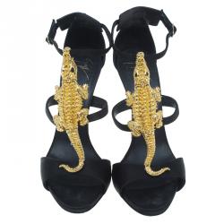Pre Owned Giuseppe Zanotti Black Satin and Leather Alligator Embellished Sandals Size 38.5