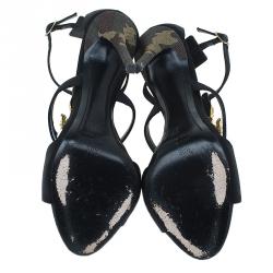 Pre Owned Giuseppe Zanotti Black Satin and Leather Alligator Embellished Sandals Size 38.5